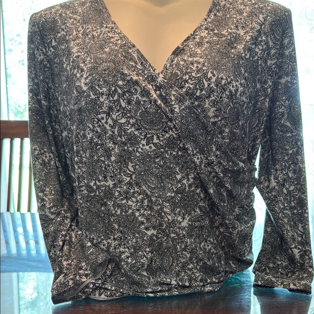 Rafaella Black and White Wrap Blouse with Long Sleeves